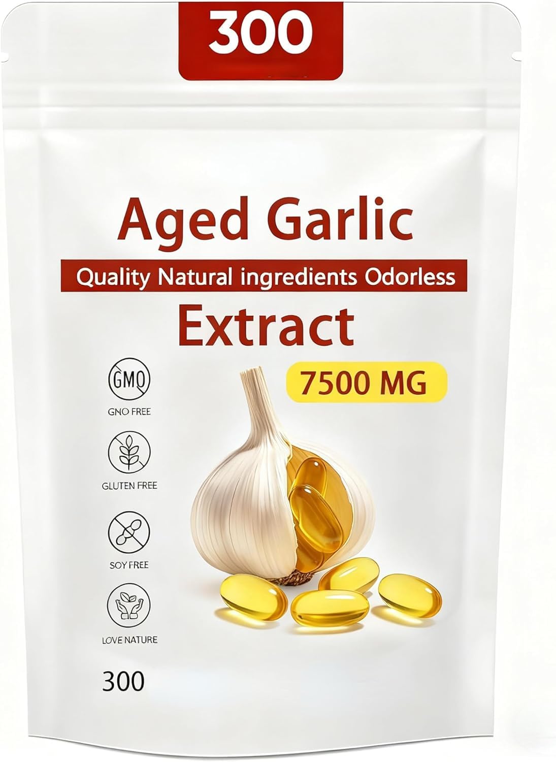 Aged Garlic Extract - 7500mg Odorless Organic Garlic Extract, Vegetarian, Non-GMO, 300pcs ,300pcs
