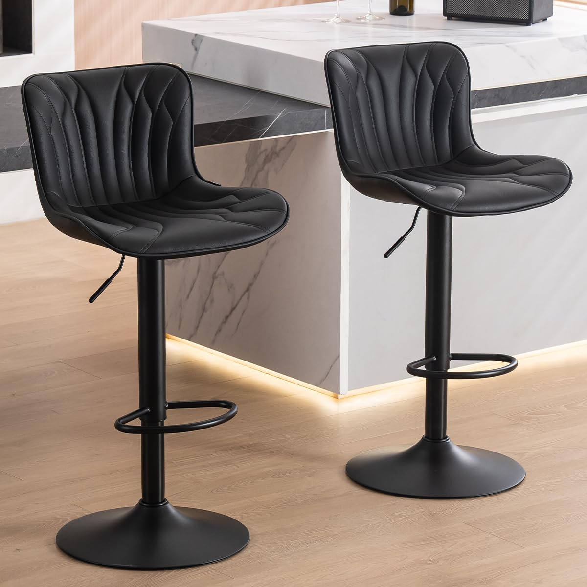 Kidol & Shellder Bar Stools Set of 2 Swivel Barstools Faux Leather Adjustable Soft Cushion Wing Back Counter Stools, Black, 3-5 Mins to Assemble, Loads 300lbs — image 1