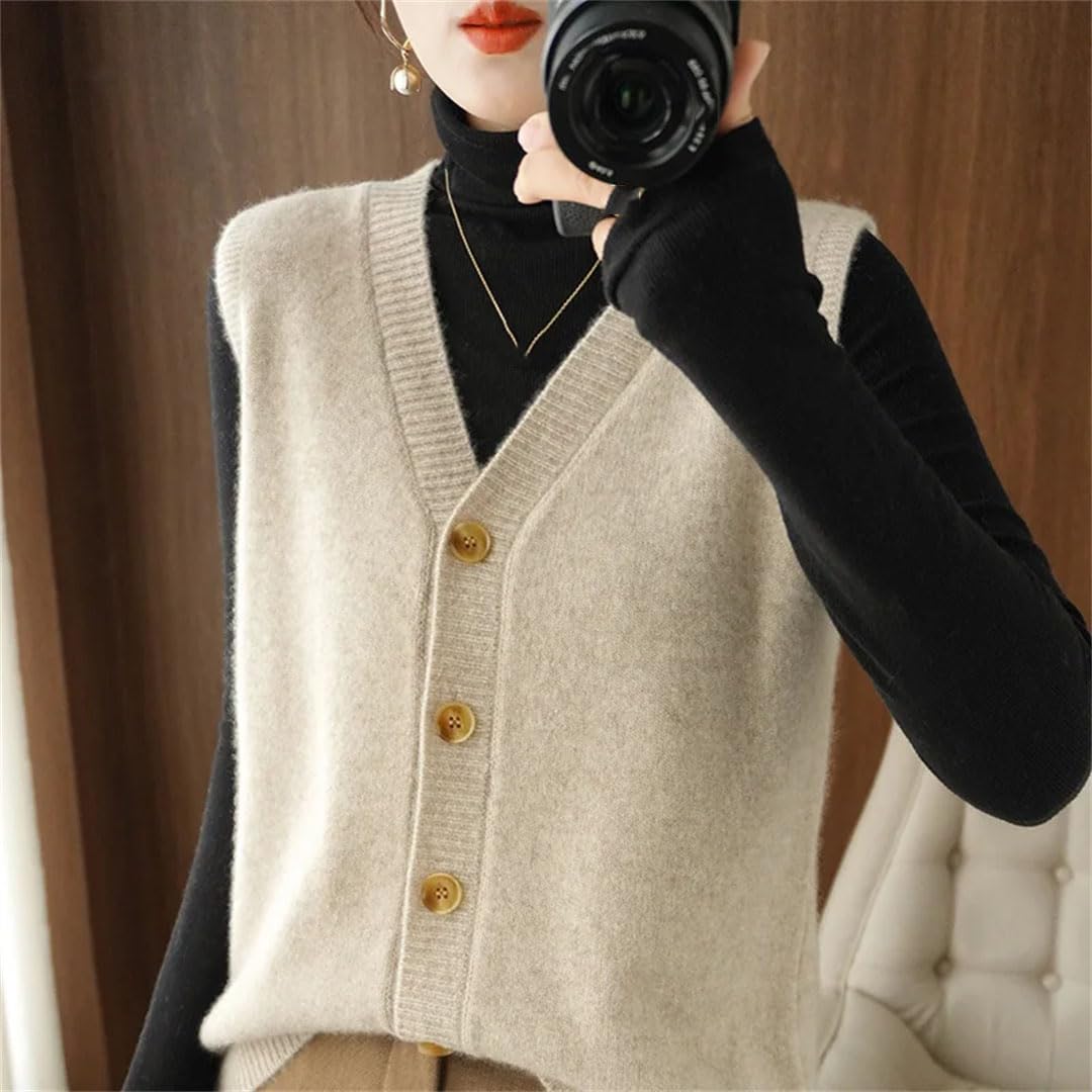 Cardigan en laine mélangée pour femme - Col en V - Sans manches - Boutons