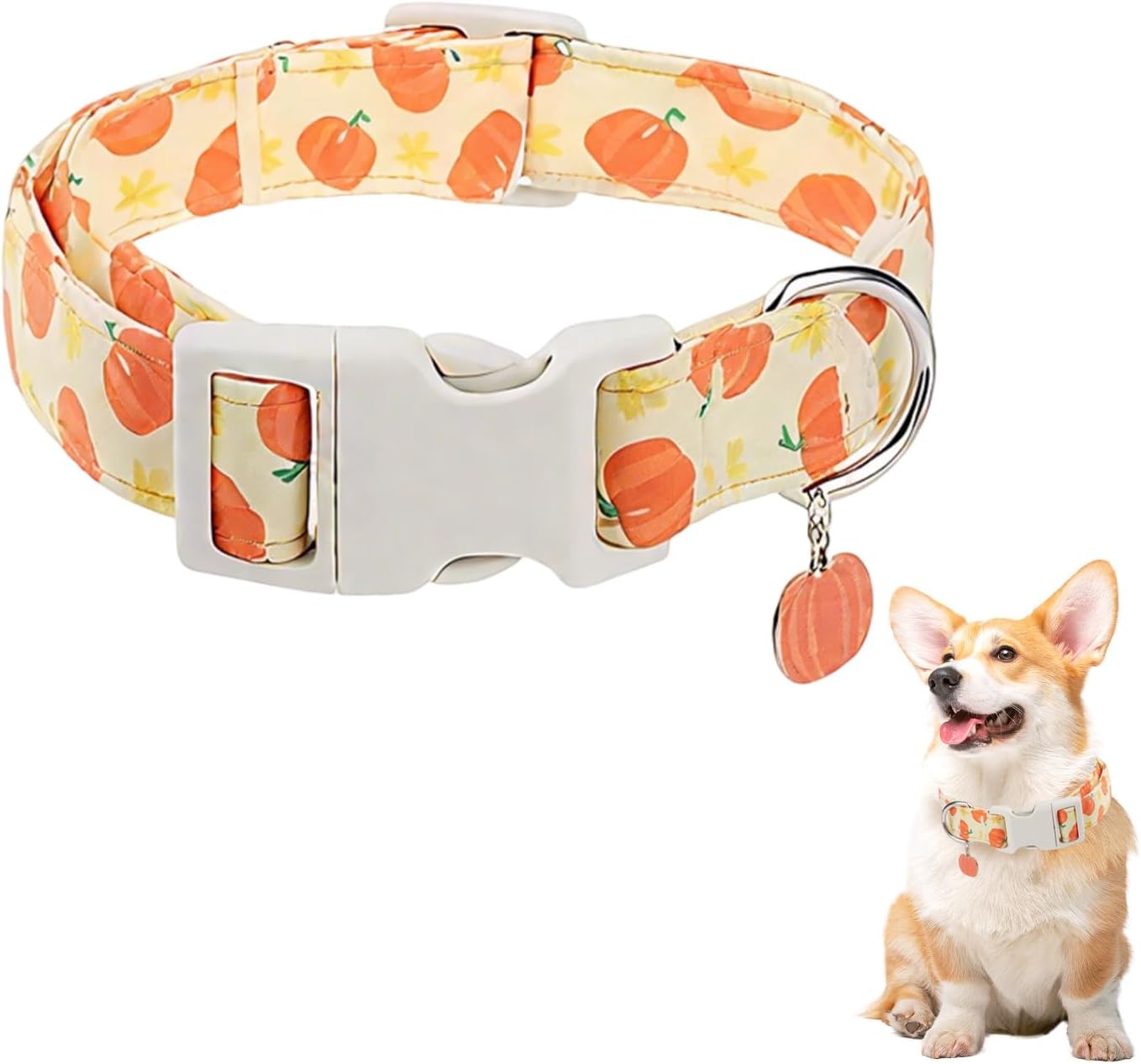 Soft Adjustable Dog Collar,Dog Collar with Colorful Flowers Printed (Pumpkin, M(Neck 32-55cm,Width 2.5cm))
