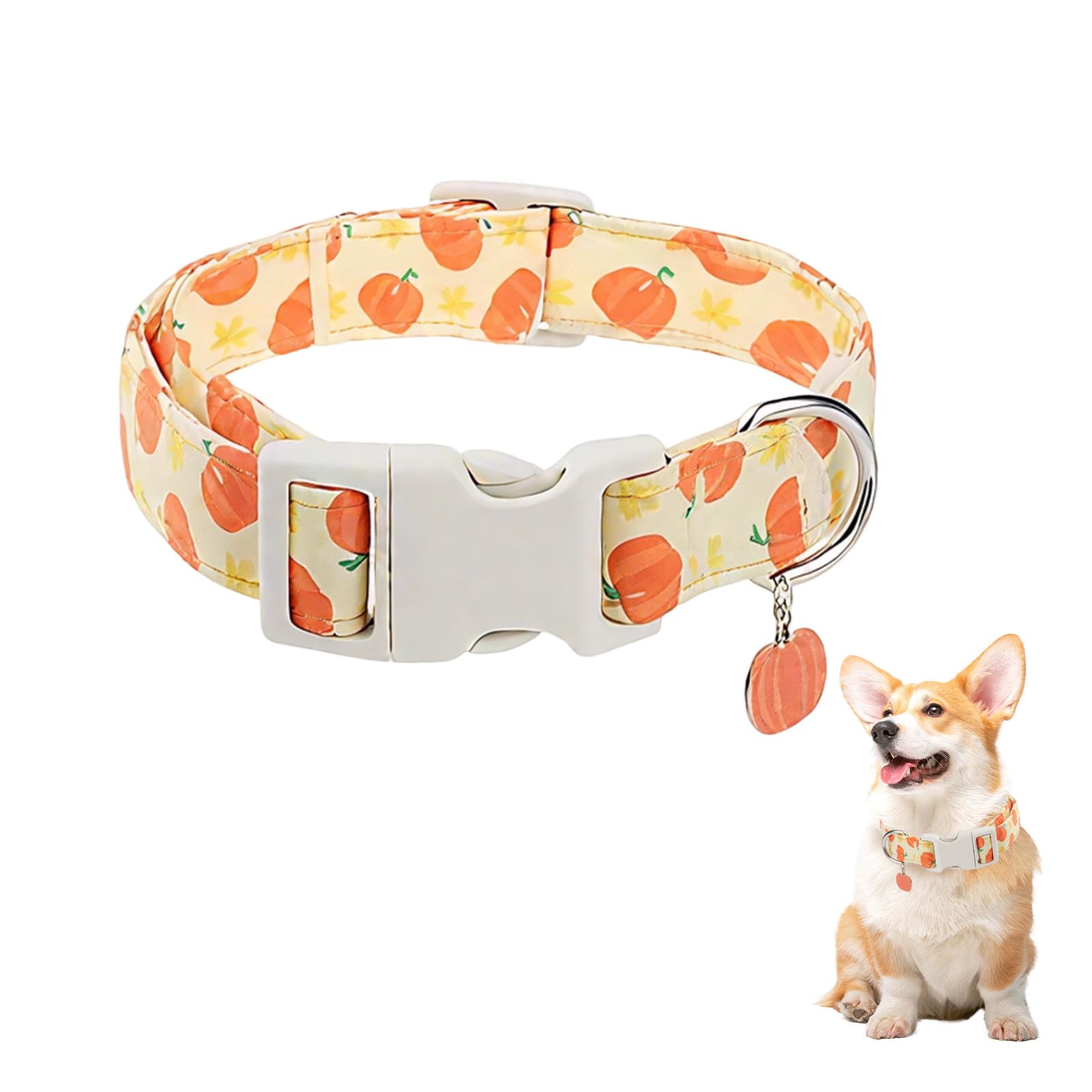 Soft Adjustable Dog Collar,Dog Collar with Colorful Flowers Printed (Pumpkin, M(Neck 32-55cm,Width 2.5cm))