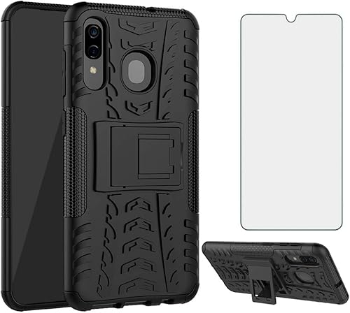 Asuwish Funda de teléfono para Samsung Galaxy A20 A30 con protector de pantalla de vidrio templado y soporte delgado, funda protectora híbrida