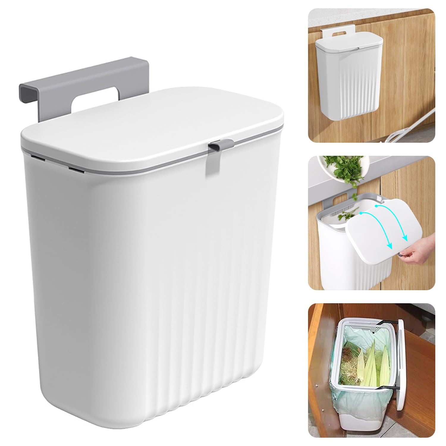 Kitchen Bin, Under Kitchen Counter Bins with Lid,9L Food Waste Caddy Rubbish Dustbin Wall Mounted for Under Sink,Cupboard Door,Kitchen Cabinet,Camping,Bathroom,Bedroom (White)