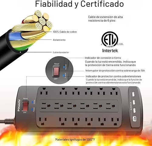 Miniatura 6 de Regleta protectora contra sobretensiones de 18 tomas, cable de extensión resistente de enchufe plano de 8 pies con 18 tomas de corriente y 4 puertos
