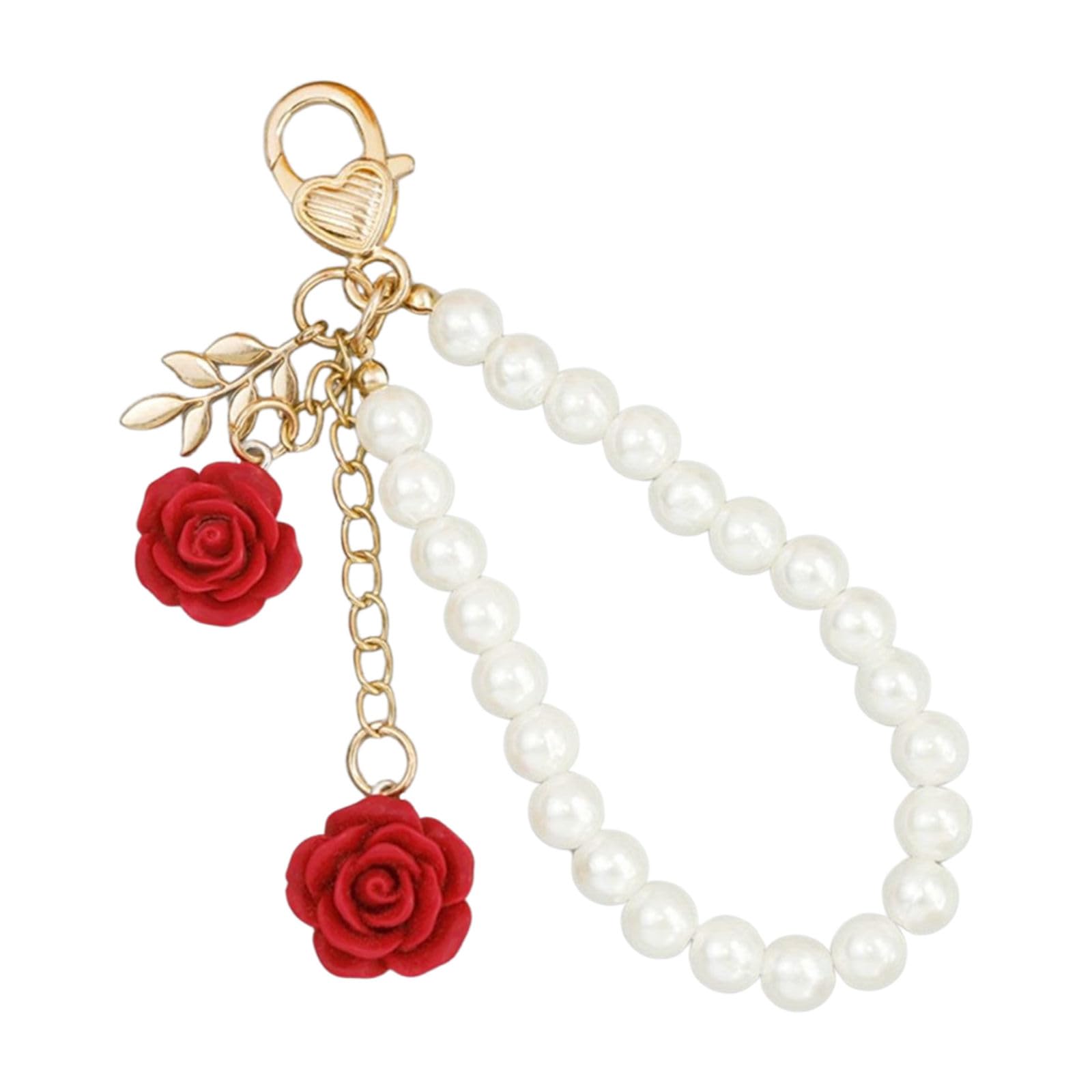 Elegant Rose Pearl Keychain Resin Flower and Alloy Clasp Key Ring Bead Keychain Accessories Keychain for Fashion Women