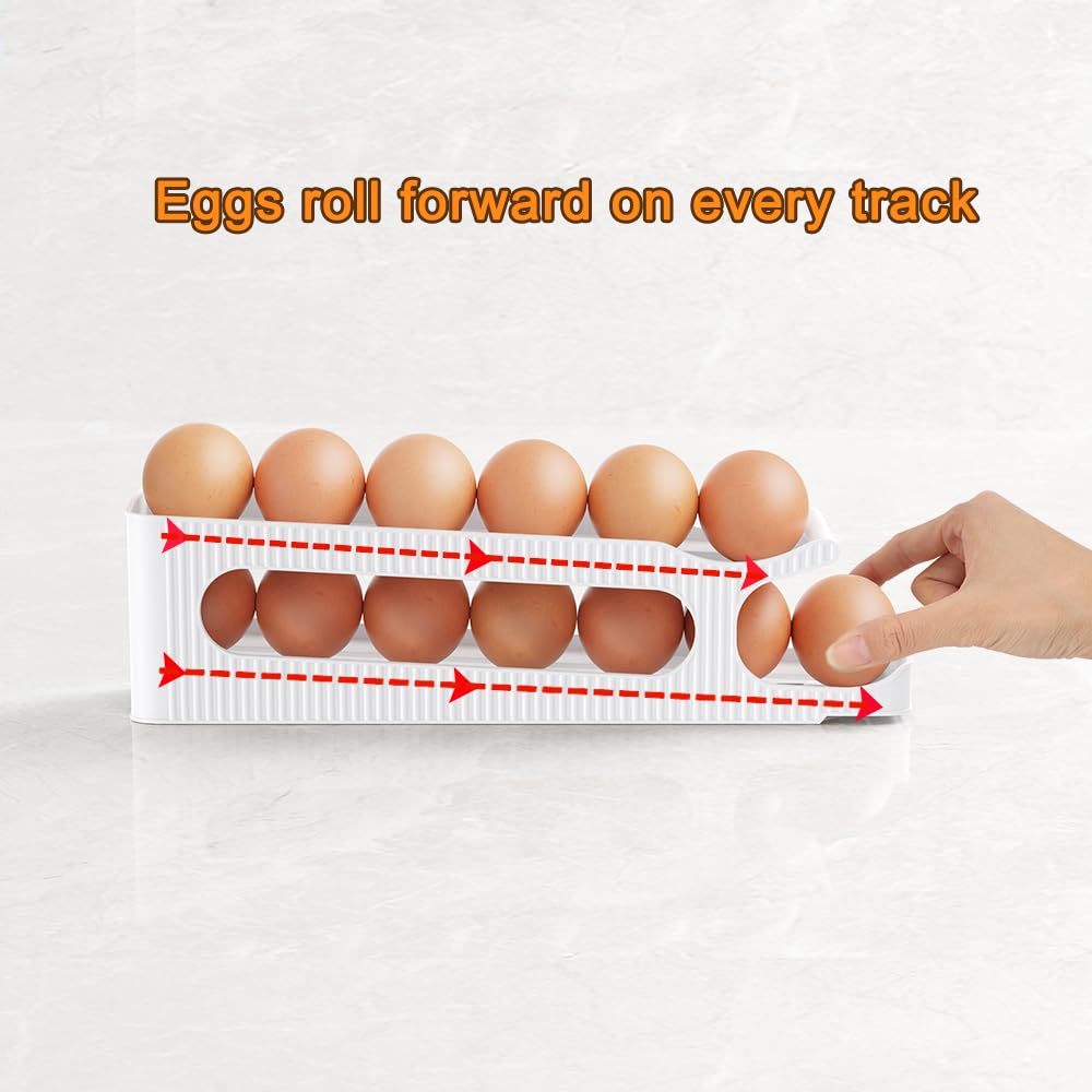 Soporte para huevos para nevera, organizador de almacenamiento de huevos de 2 niveles para refrigerador, recipiente delgado que ahorra espacio, dispensador - Rodillo de huevos para huevos, 12 unidades 2