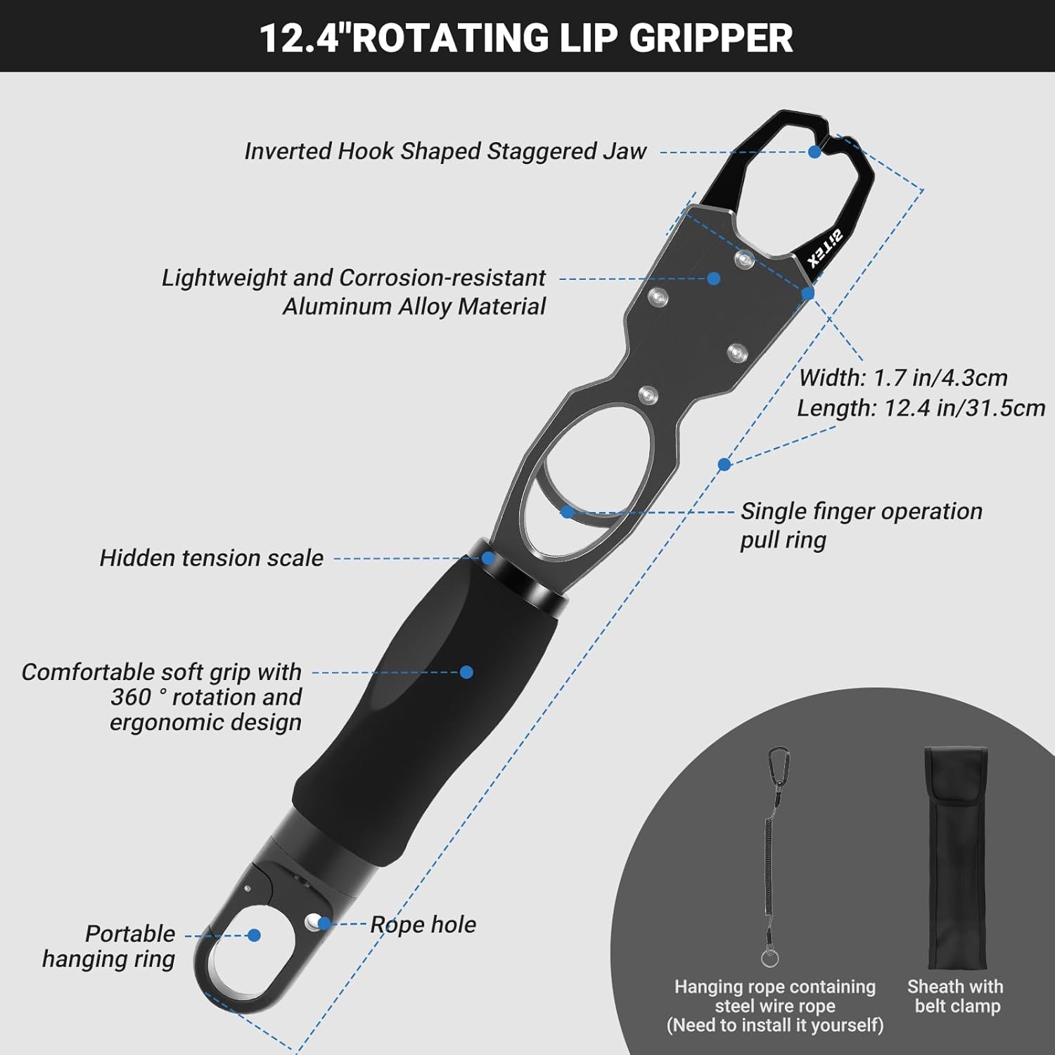 BiteX Aluminum Fish Gripper with Scale & Fishing Pliers,Saltwater Resistant Fishing Gear Tool Kit,Fish Holder, Hook Remover and Split Ring Pliers with Sheath,Gift for Men
