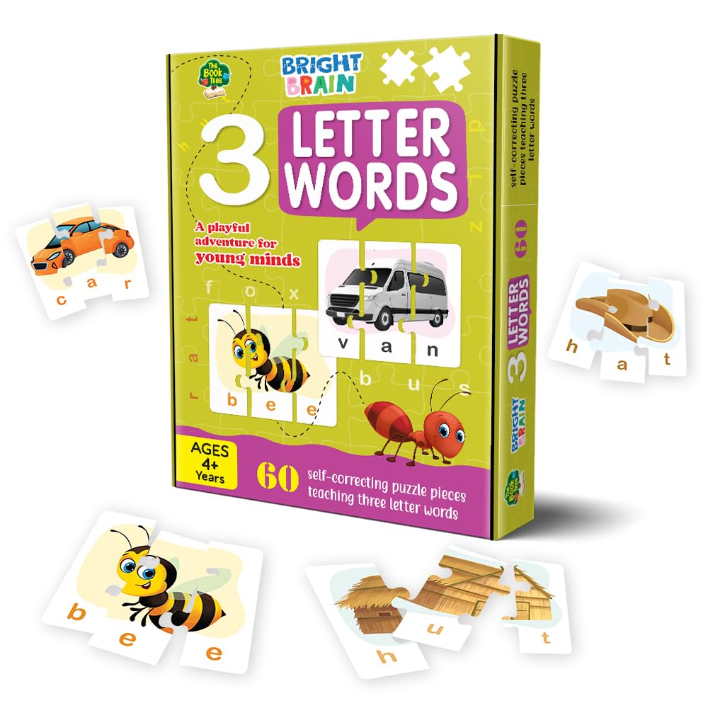 Bright Brain 3 Letter Words Puzzle - Learn To Spell 20 Three Letter Words 60 Pieces- Beautiful Colorful Pictures Age 4+ Gift Box By Majestic Book Club, For Kid