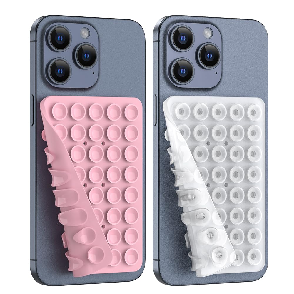 Double Sided Silicone Suction Phone Holder Mount, Silicon Accessory for iPhone and Android, Hands-Free Mirror Shower Phone Holder, TikTok Videos and Selfies (Light Pink+Transparent)