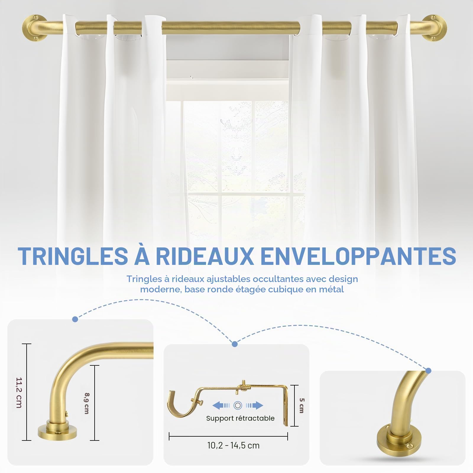 Tangwin Tringle à rideaux dorée de 71,1 à 122,9 cm : tringle à rideaux occultante et réglable pour chambre à coucher, industriel, occultant, en métal français, facile à installer - Or brossé