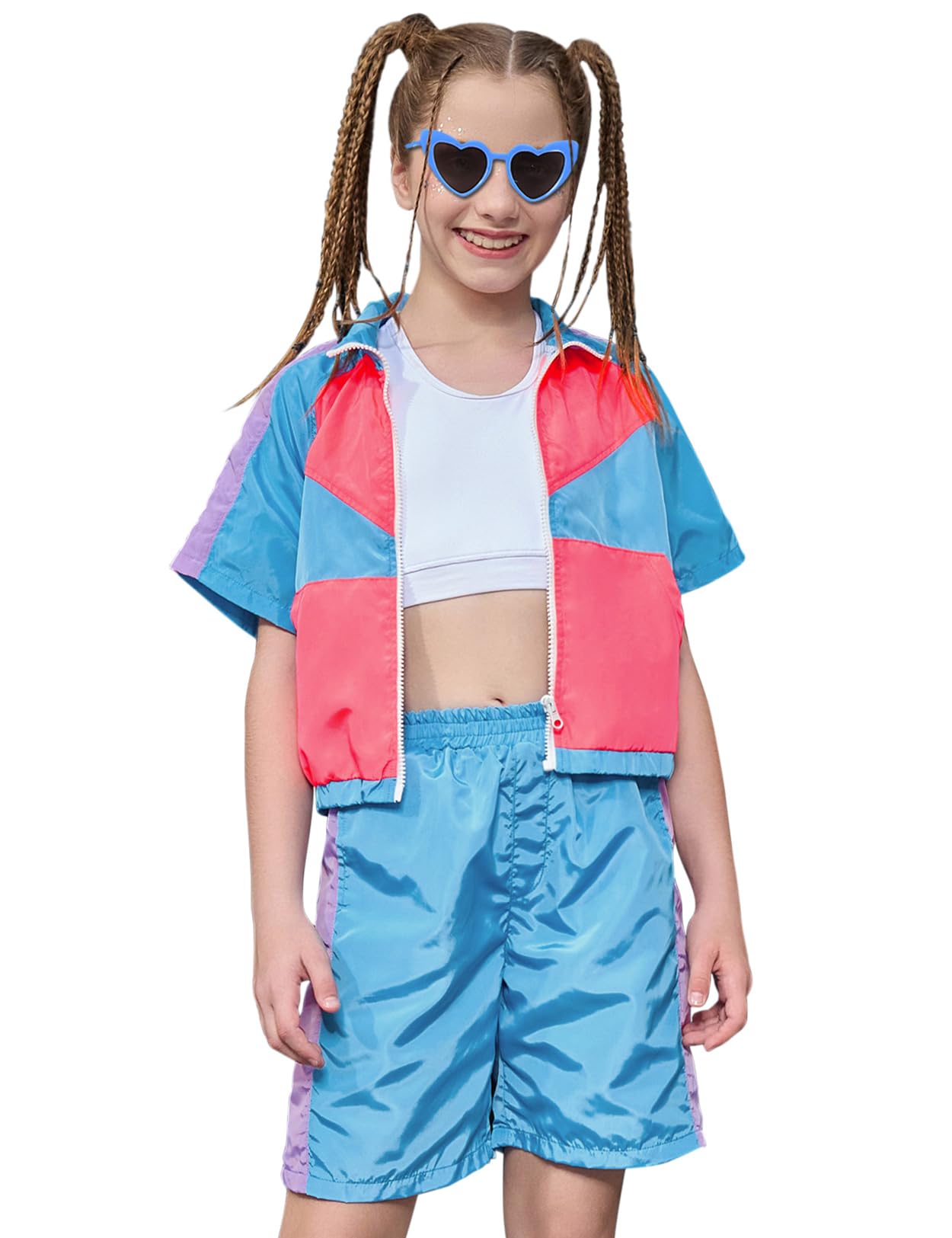 Perfashion Girls Summer 2 Piece Outfits 80s 90s Tracksuit Windbreaker &amp; Short Sets Hip Hop Dance 4-13Y