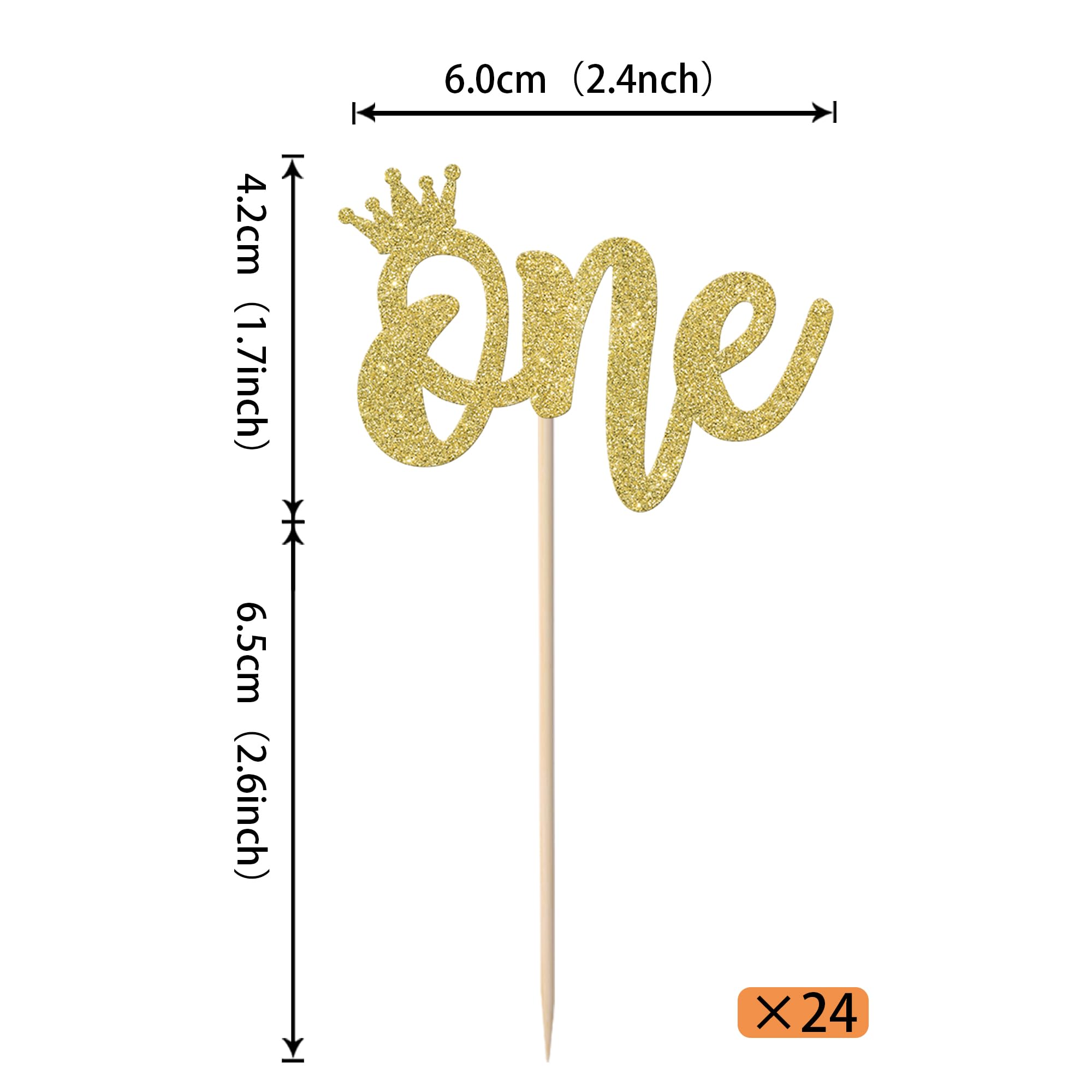 Rsstarxi 24 Pack First Birthday Cupcake Toppers Glitter Crown One Cupcake Picks 1st Birthday Cake Decorations for Crown Theme Baby Shower Party Decorations Gold