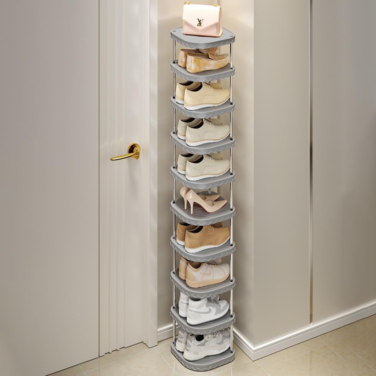Multibao 10 Tier Universal Shoe Rack, Shoe Shelf Hoder Tall Stand Organizer Quick Assembly Vertical Storage Narrow Slim Shoe Rack for Closet, Entryway, Garage, Bedroom (10 Tiers Grey)