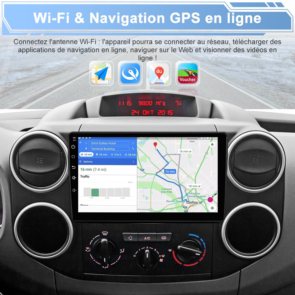 AWESAFE Autoradio Android 15 pour Citroën Berlingo/Peugeot Partner (2008-2019), Écran Tactile 9 Pouces 2Go+64Go, CarPlay & Android Auto, GPS WiFi Bluetooth USB DSP, SWC, Caméra de Recul Incluse