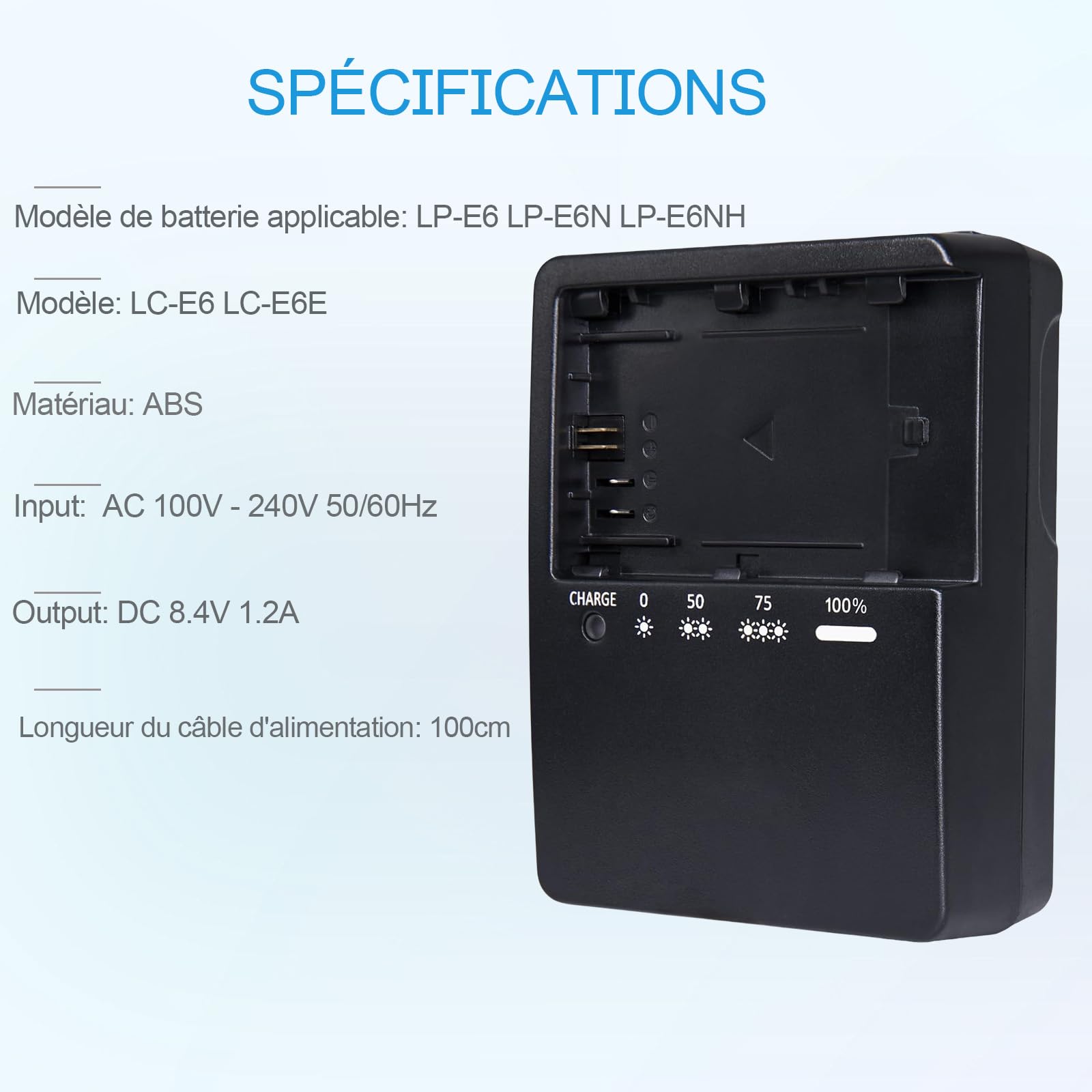 LP-E6 LP-E6N LP-E6NH LC-E6E Chargeur de Batterie Compatible avec Canon EOS R,R5, R6,5D Mark IV,5D Mark III,5D Mark II,5DS,80D,90D,70D,60D,7D Mark II,7D,6D Mark II Appareil Photo & 100cm AC Power Cord
