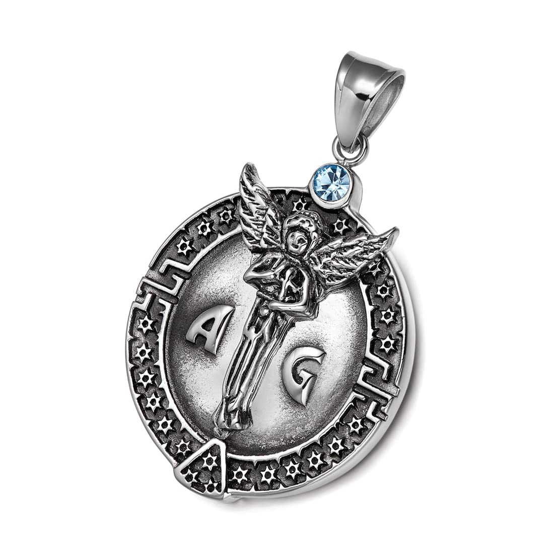 Saint Michael Pendant Holding Holy Cross - Army of God Seal - Archangel Protection Prayer - King of Solomon Star of David Accents - Antique Finish - Guardian Angel Miraculous Medal - Sky Blue Crystal