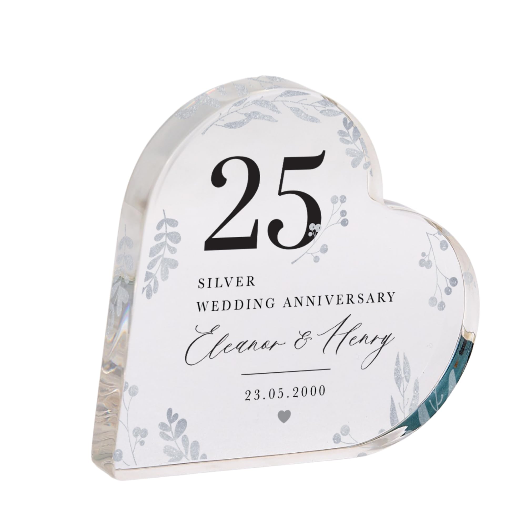 Pomchick - Personalised 25th Wedding Anniversary Silver Anniversary Present Heart-Shaped Acrylic Plaque Custom Keepsake with Names Date Mum Dad Gift