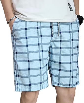 Mens Casual Plaid Shorts Elastic Waist Cotton Checked Shorts