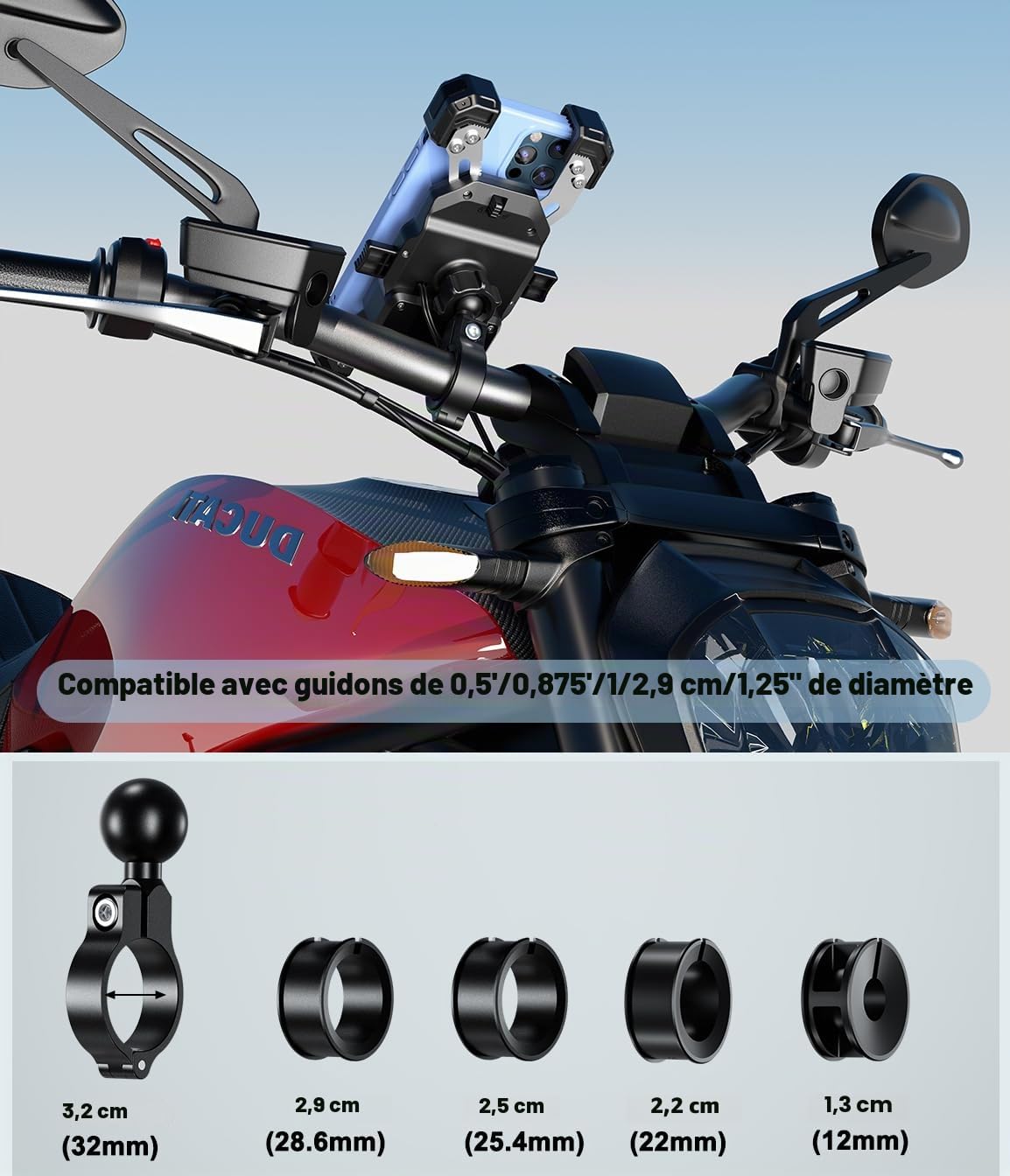 iMESTOU Support de Téléphone USB C sans Fil pour Moto avec Anneau SAE-O Amovible, Convient pour Les Téléphones de 5,5 à 7,2" d'une épaisseur Allant Jusqu'à 15 mm, Largeur<93 mm