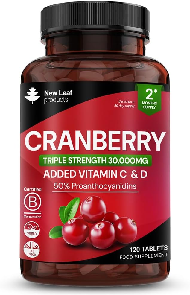 Cranberry Tablets Triple Strength 30,000mg - Added Vitamin C & D - 120 Cranberry Supplements Cranberry Supplements for Women and Men - Vegan Cranberry Tablets for Women Made in UK by New Leaf