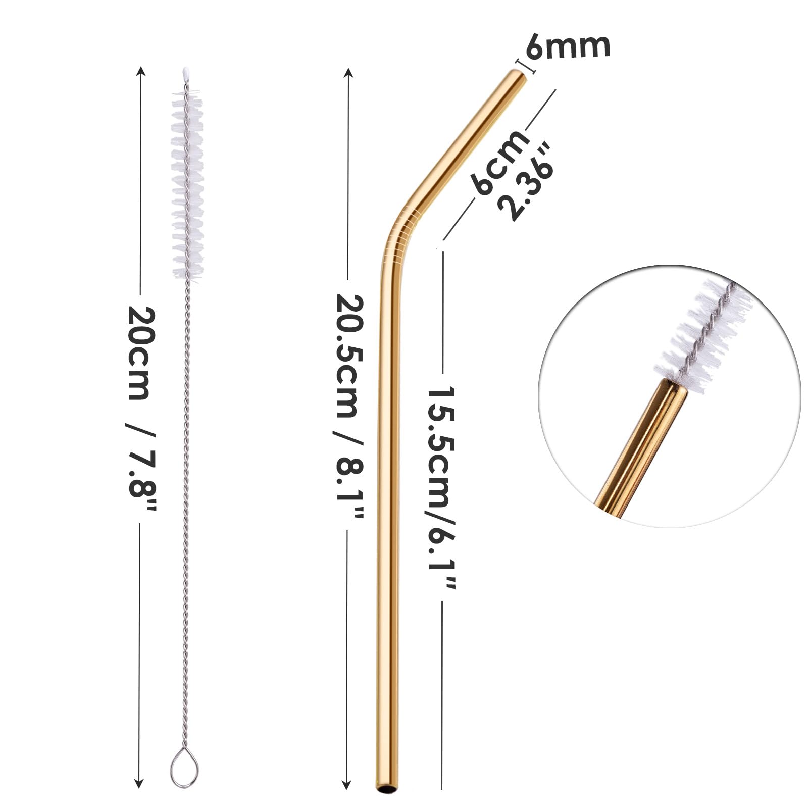 Alfresco Paille Inox Reutilisable 12 Pcs (6 Droites + 6 Courbées), 21