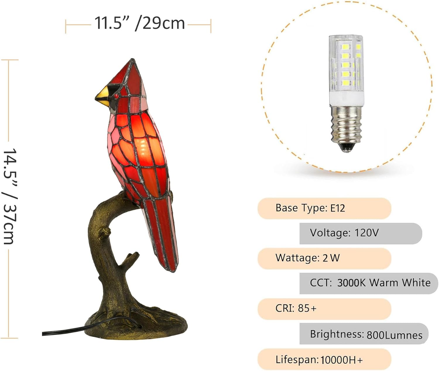 A0011 Cardinal Tiffany Style Table Lamp Handmade Stained Glass Red Bird Lamp in Height 14.5" Overall for Bedside Livingroom Bedroom Home Decoration (Red Cardinal)