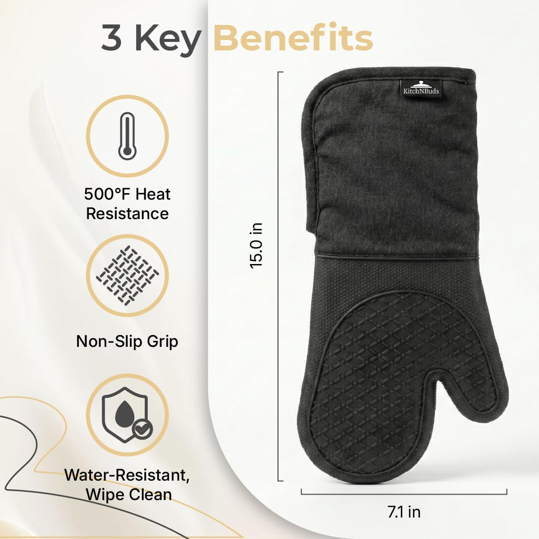 Kitch N Buds Oven Mitts, Extra-Long 15 in (38 cm), Black, Non-Slip Silicone Grip, Heat Resistant up to 500°F, Soft Cotton Lining - 5