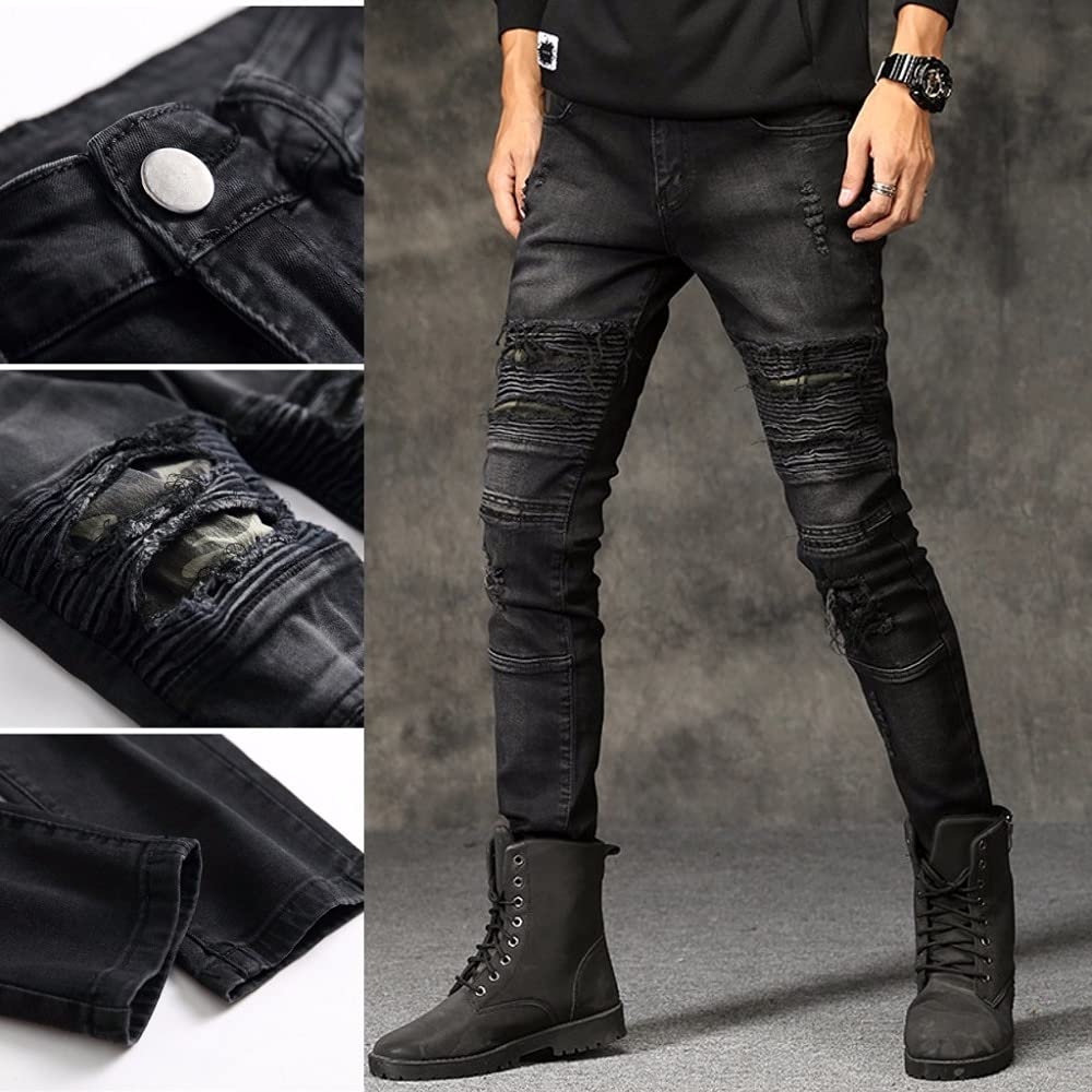 WQZYY&ASDCD Jeans Pantalon Herren Zerrissene Jeans Baumwolle Schwarz Slim Skinny Motorradjeans Herren Vintage Distressed Denim Jeans Hiphop Hosen