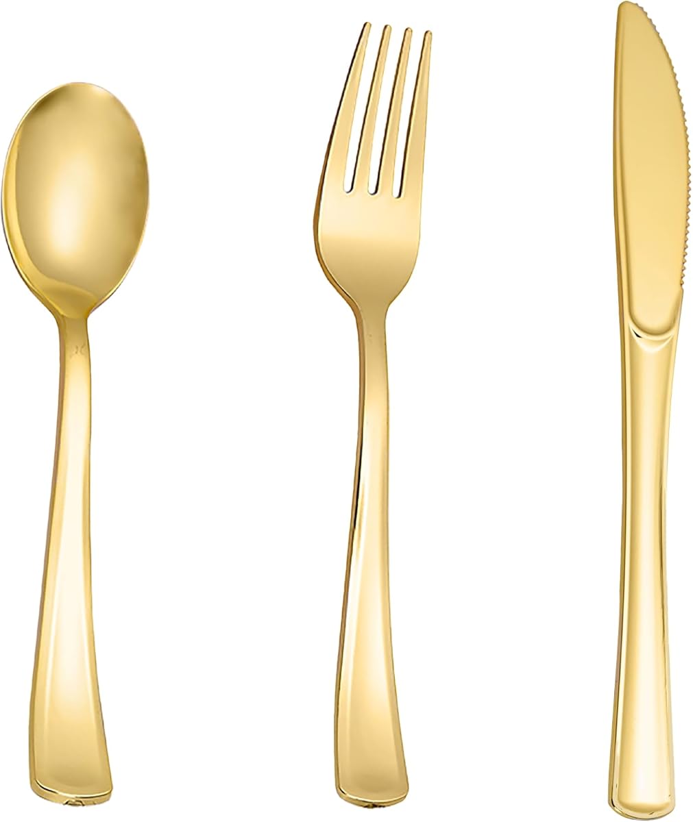 N9R 200PCS Plastic Silverware Set, Heavy Duty Spoons and Forks Silver Plastic Cutlery Including 100pcs Forks, 50pcs Spoons, 50pcs Knives, Disposable Silverware for Party,Wedding, and Everyday Use