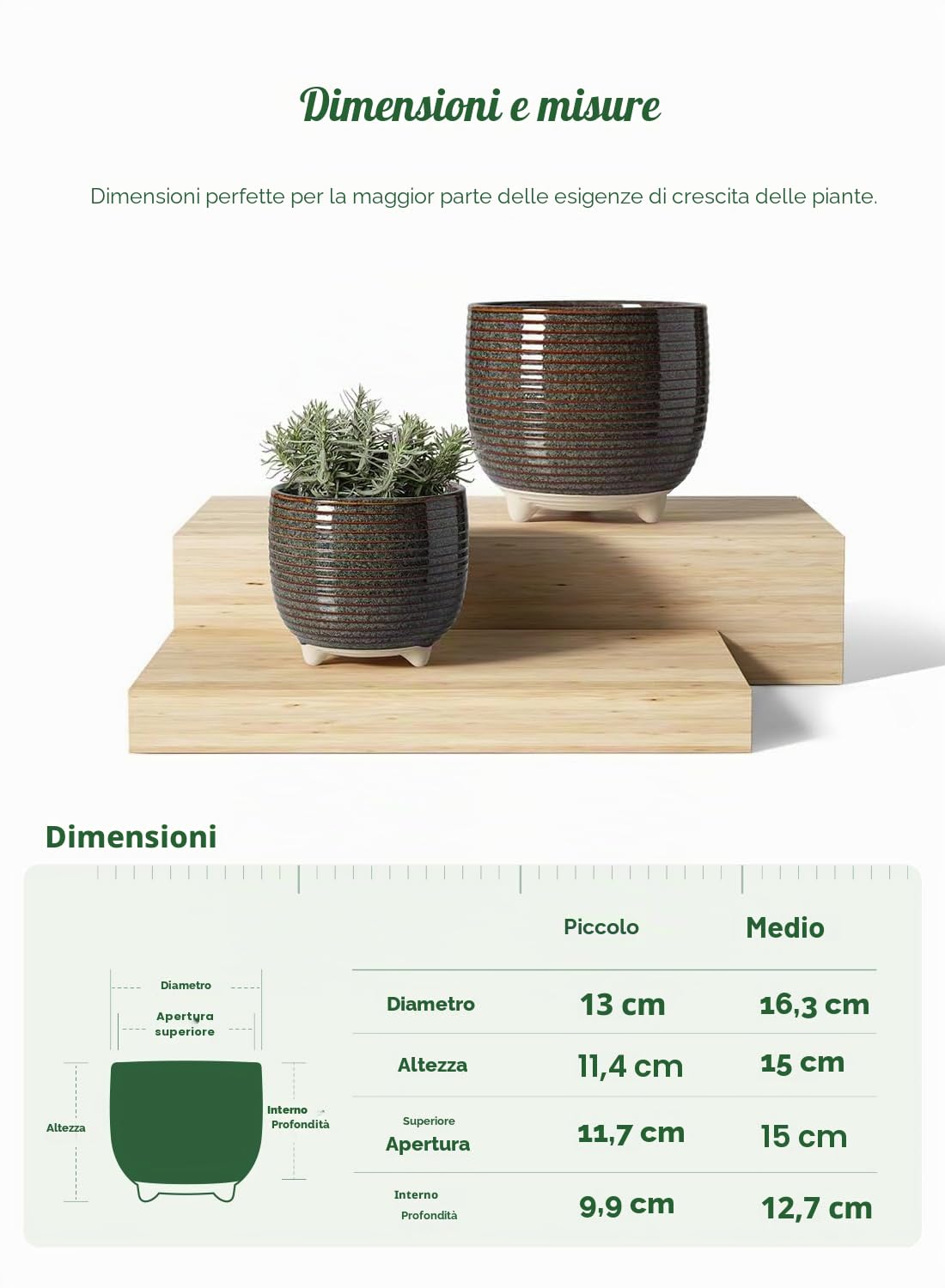 LE TAUCI Vaso per Piante in Ceramica, Vasi con Piedi da 12 + 16 cm per Piante, Vaso da Fiori Moderni e Carini per la Casa e l'Ufficio, Piccoli Vaso per Piante da Interno con Fori di Drenaggio, Nero