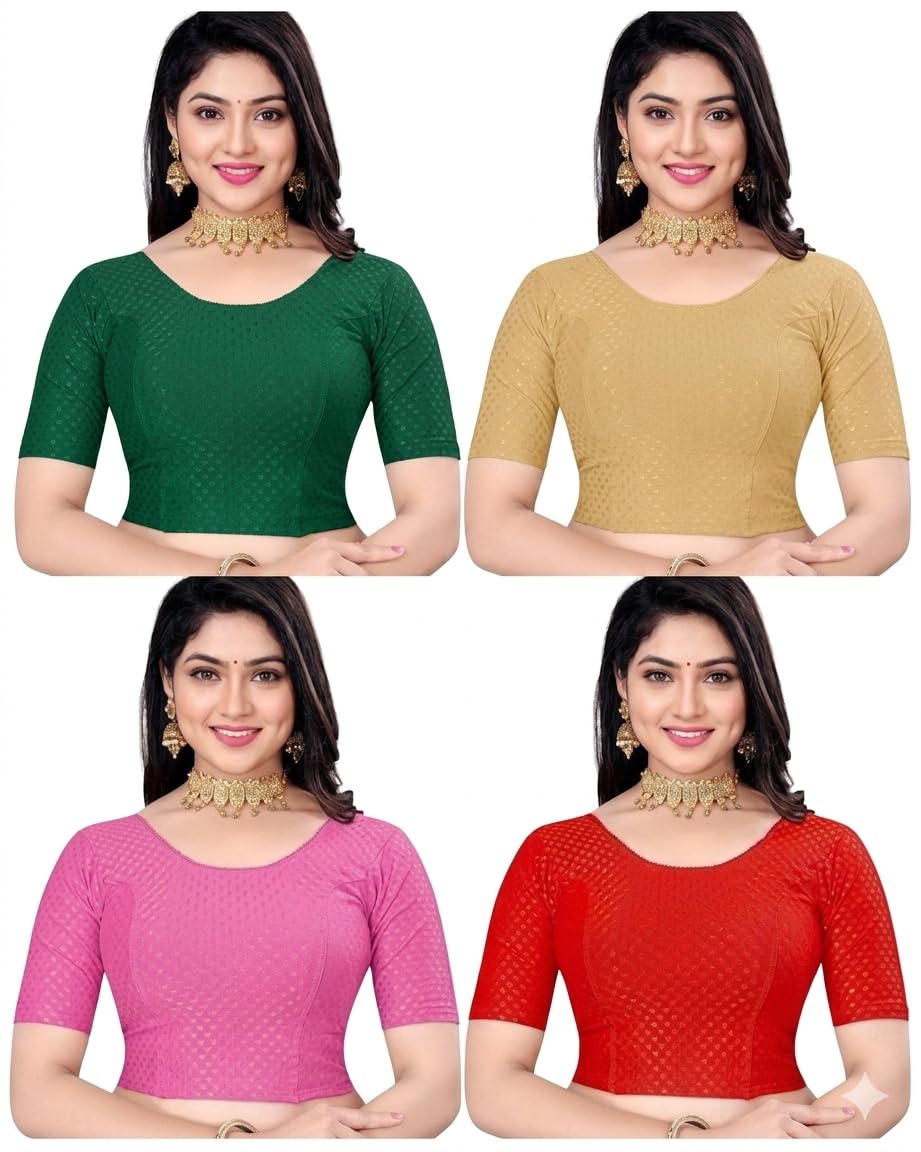 V.R. Traders Women’s Stretchable Cotton Blend Saree Blouse Pack of 4 (Green, Gold, Maroon, Red) | Dobby Solid Readymade Blouse | Half Sleeve Round Neck Casual Ethnic Blouse-picture-46
