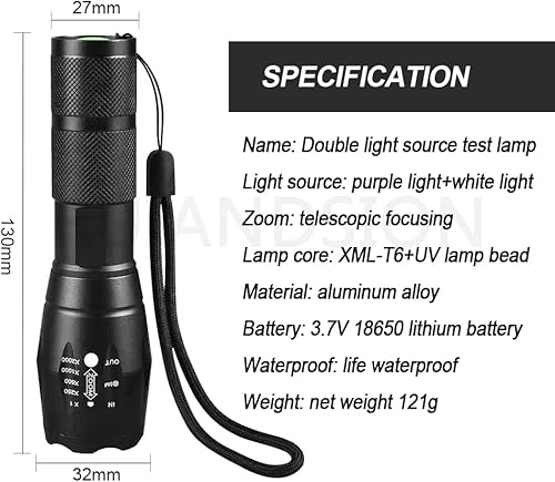 Miniatura 6 de Ruiandsion Linterna de luz negra UV, linterna súper brillante con luces UV y blancas, detector de orina para mascotas, perros y gatos, para manchas