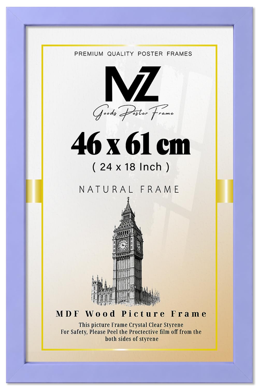 MZ GOODS | MDF Picture Frame (46 x 61 CM) 18 x 24 for Posters, Art & Room Interiors, Premium MDF Finish, Includes Hanging Hooks [ Purple ]
