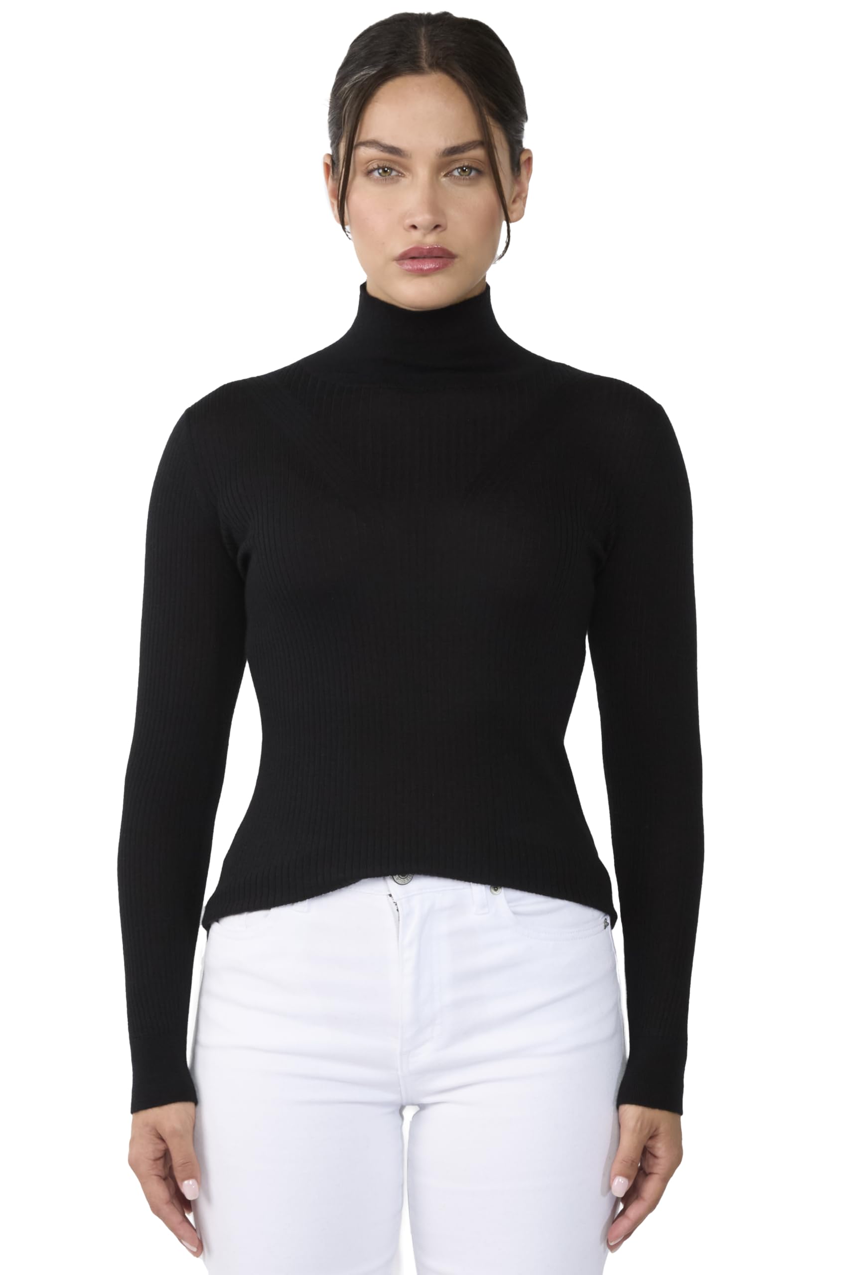 JENNIE LIU Tissue Weight Cashmere Silk Rib-Knit Turtleneck Sweater