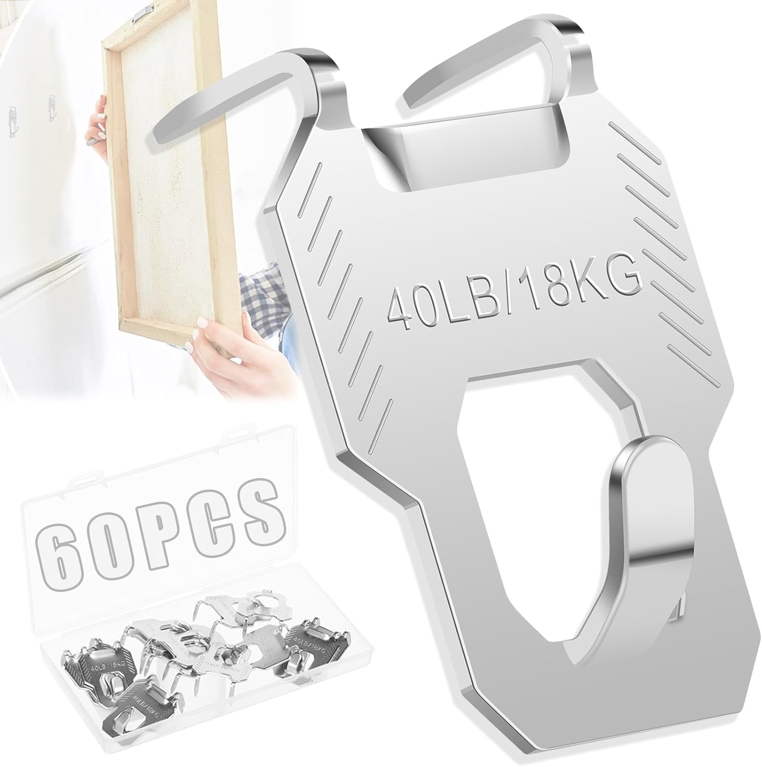 60Pcs Claw Drywall Picture Hanger Kit, Support Up to 40 lb/18 kg, Stainless Steel Picture Hanging Hooks Hardware, Drywall Claw Picture Hangers, for Hanging Photo Frame, Mirror, Poster, Artwork