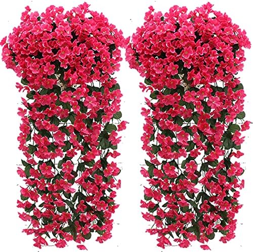 Orumrud 2 Pack Artificial Hanging Plants Vines Rose Flowers Plastic Fake Greenery Drooping Plants Indoor Outdoor Wall Home Garden Wedding Garland Decoration Red