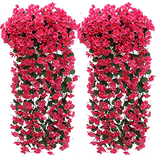 Orumrud 2 Pack Artificial Hanging Plants Vines With Flowers Plastic Fake Greenery Drooping Plants Indoor Outdoor Wall Home Garden Wedding Garland Decoration Rose Red