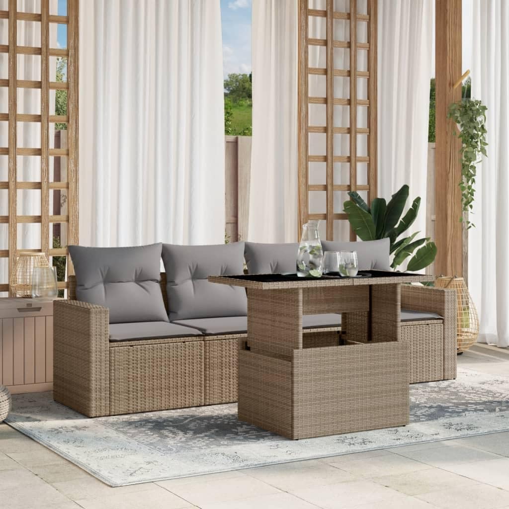 Set Divano da Giardino 5 pz con Cuscini Beige in Polyrattan,Set di Conversazione per Patio,Set Salotto da Esterno,Set Divano da Giardino Esterno-3267099