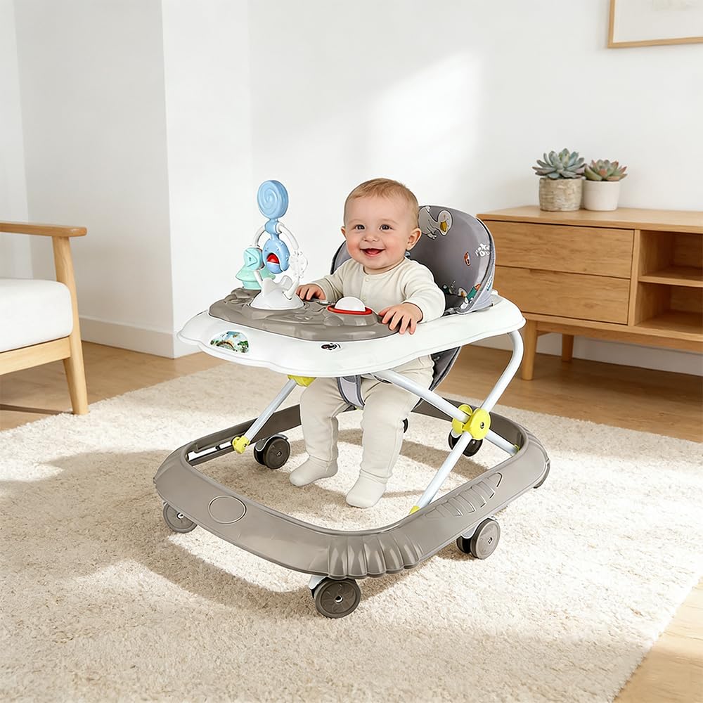 Girello Bambino Primi Passi per Bambini da 6 Mesi a 15 kg, Regolabile in Altezza, girello pieghevole per bambini con vassoio di gioco interattivo con suoni, 67 * 72 * 92cm - Cachi (B)