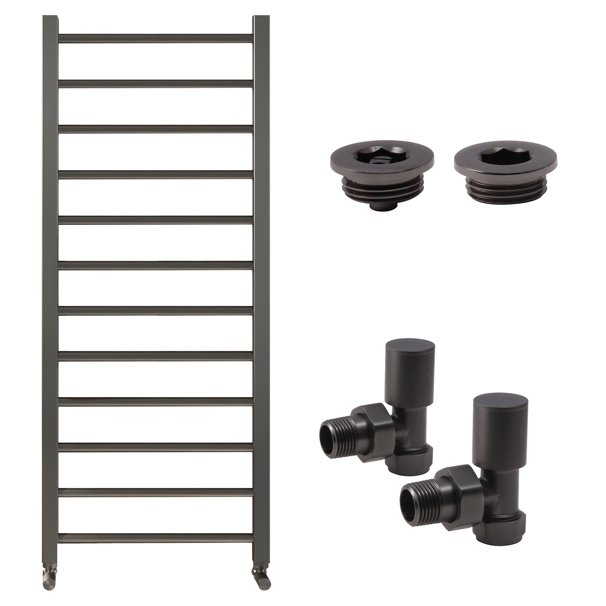 Gunmetal Bathroom Straight Heated Towel Rail Radiator 800 x 500 with Angled Manual Valves & Air Bleed Vent Set