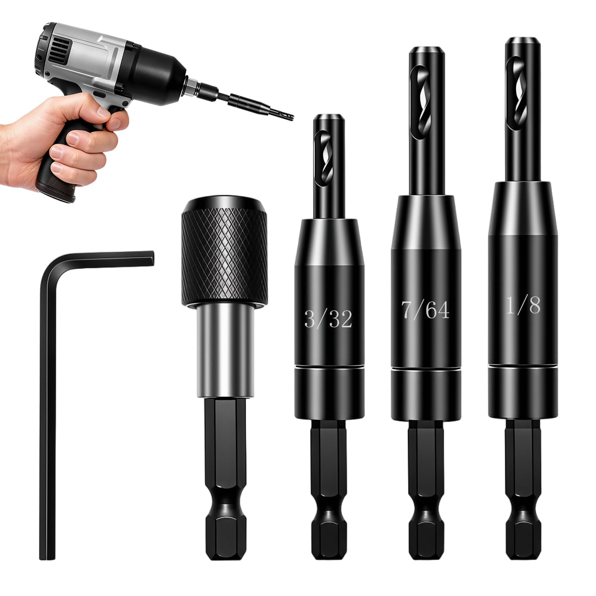Serplex® Window Hinge Drill Bit Set, Self-Centering Pilot Hole Drill Bits Kit (3/32", 7/64", 1/8") with Hex Shank Adapter Carbon Steel Woodworking Bits Vix Bits for Cabinet, Door Hinge Installation-image-49