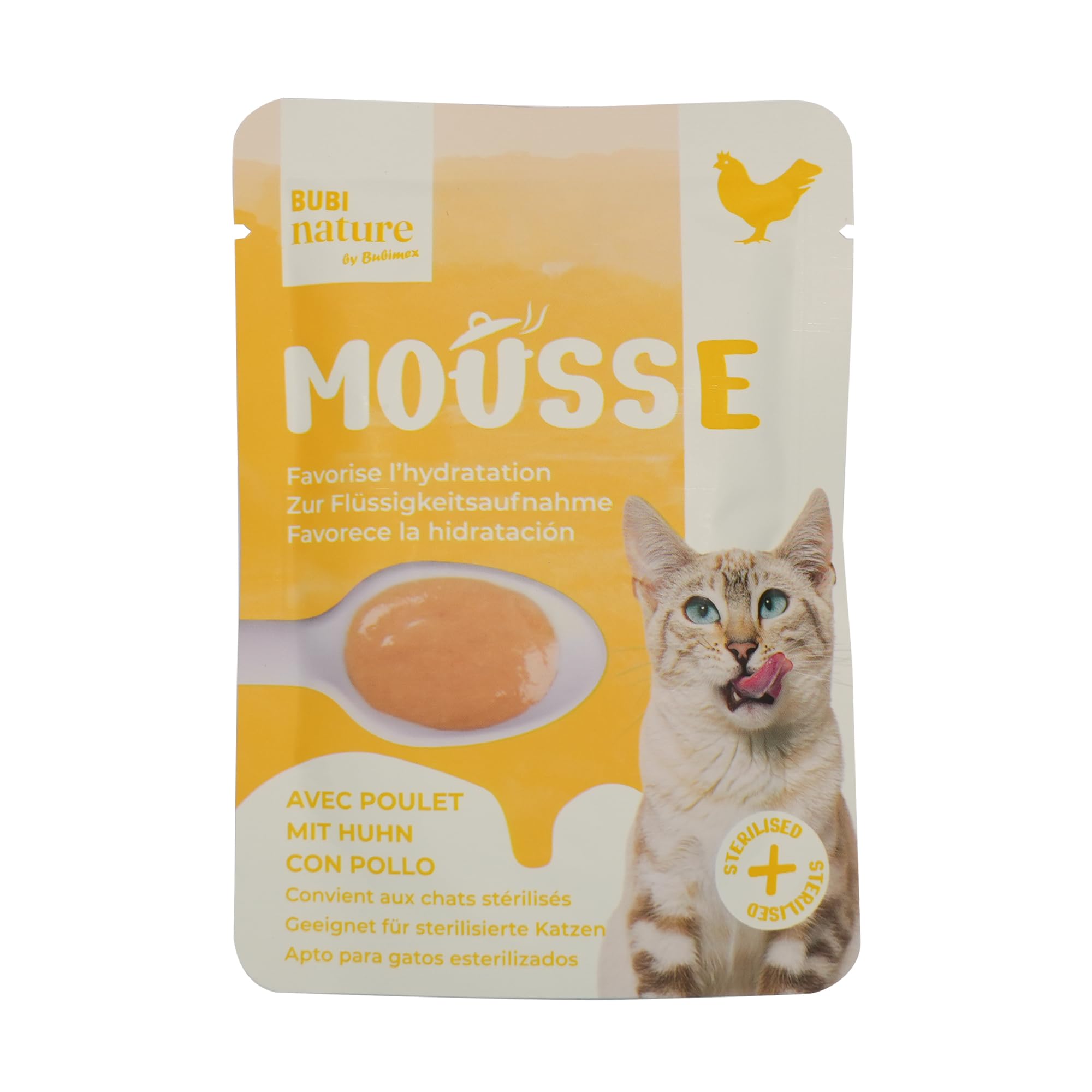 Bubimex Bubi Nature Mousse - Sabor Pollo - 50 g - Alimento complementario para Gatos - Comida húmeda - Textura cremosa - Apto para Gatos esterilizados - Promueve la hidratación