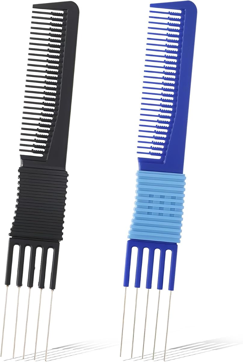 2 PCS Comb with Prongs on, Lift Teasing Comb for Fine Hairs, Hair Backcombing Combs, Hair Pick Salon Teasing Metal Pick Lifting Fluffing Combs for Women Men Curly Hairs(Black, Blue)