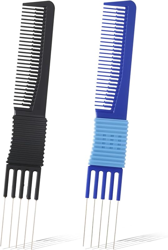 2 PCS Comb with Prongs on, Lift Teasing Comb for Fine Hairs, Hair Backcombing Combs, Hair Pick Salon Teasing Metal Pick Lifting Fluffing Combs for Women Men Curly Hairs(Black, Blue)