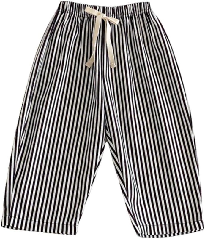 Toddler Baby Striped Pants Boys Girls Linen Harem Pants Soft Comfortable Stretchy Drawstring Elastic Waisted Trousers