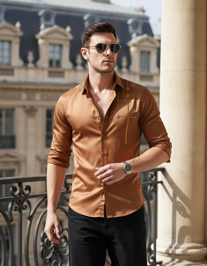 Image of IndoPrimo Men's Premium Satin Shirt for Party, Formal and Casual Wear - Stylish Designer Full Sleeve Shirt for Men