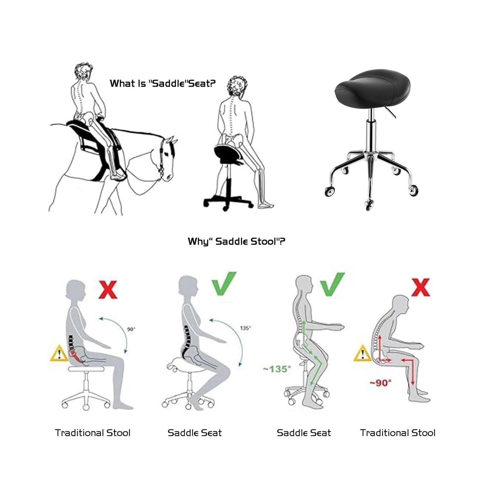 Taboret na kółkach Typ Siodło, regulowany, hydrauliczny, nadaje się do biur i garderoby. Czarny