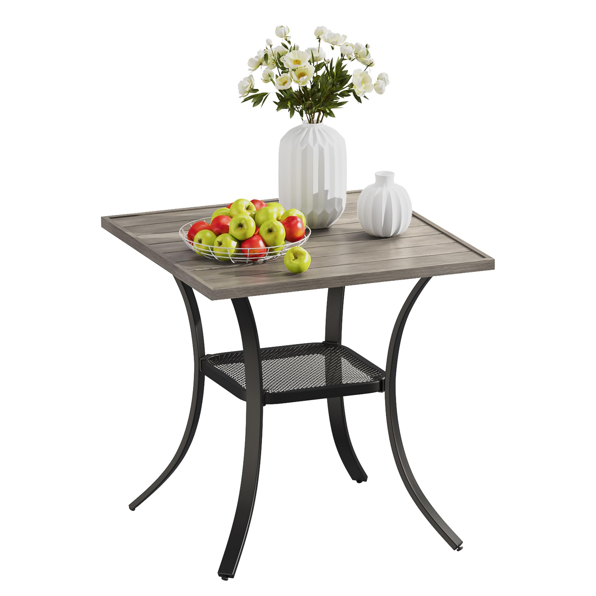 VICLLAX Small Patio Dining Table, 28"x 28" Metal Slatted Tabletop with Storage Shelf for Deck Lawn Garden Backyard, No Umbrella Hole, Antique Grey Tabletop
