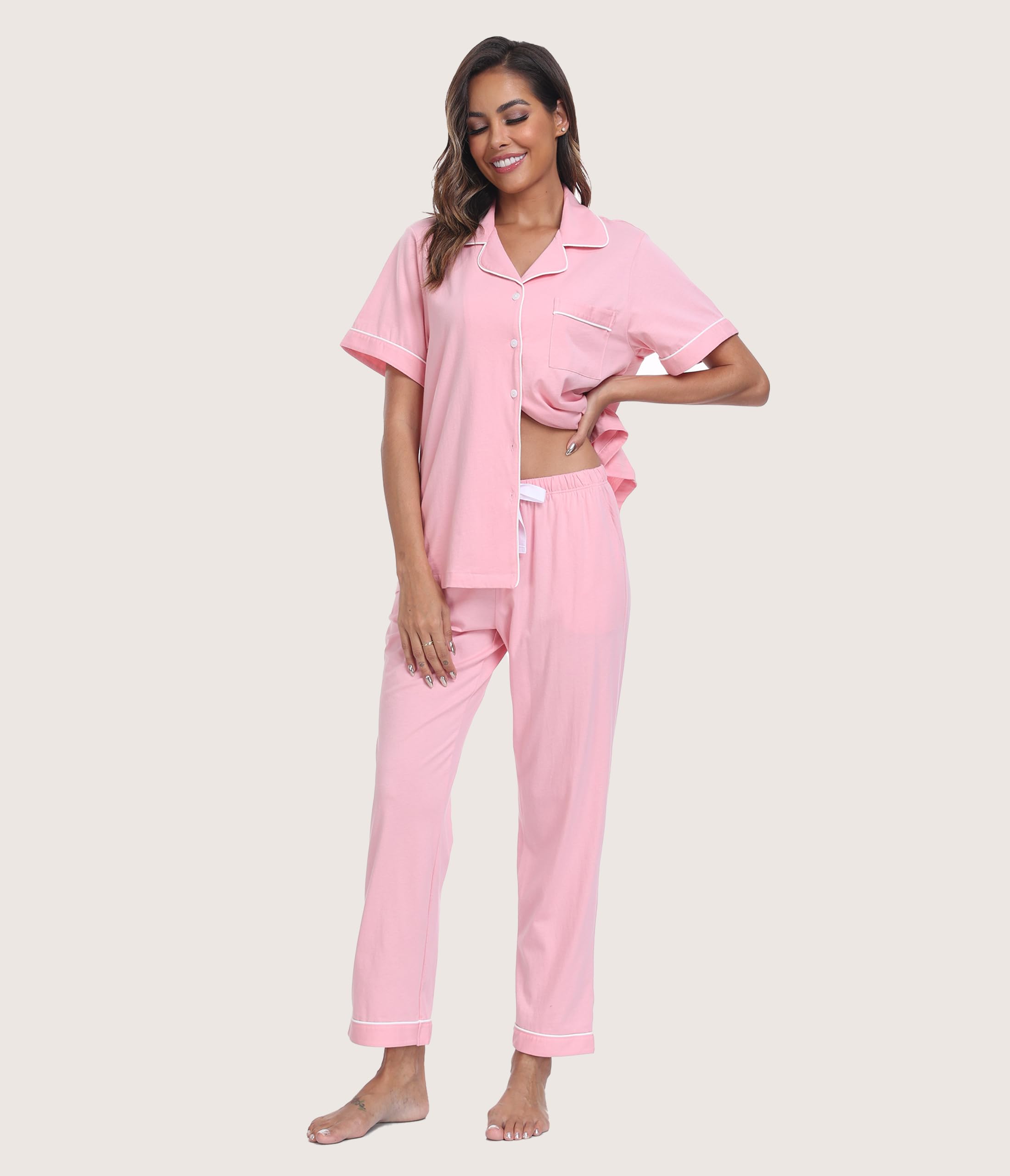Pijama de algodón 100 % para mujer, camisa de manga corta y pantalones largos, conjunto de pijama de verano cómodo para mujer