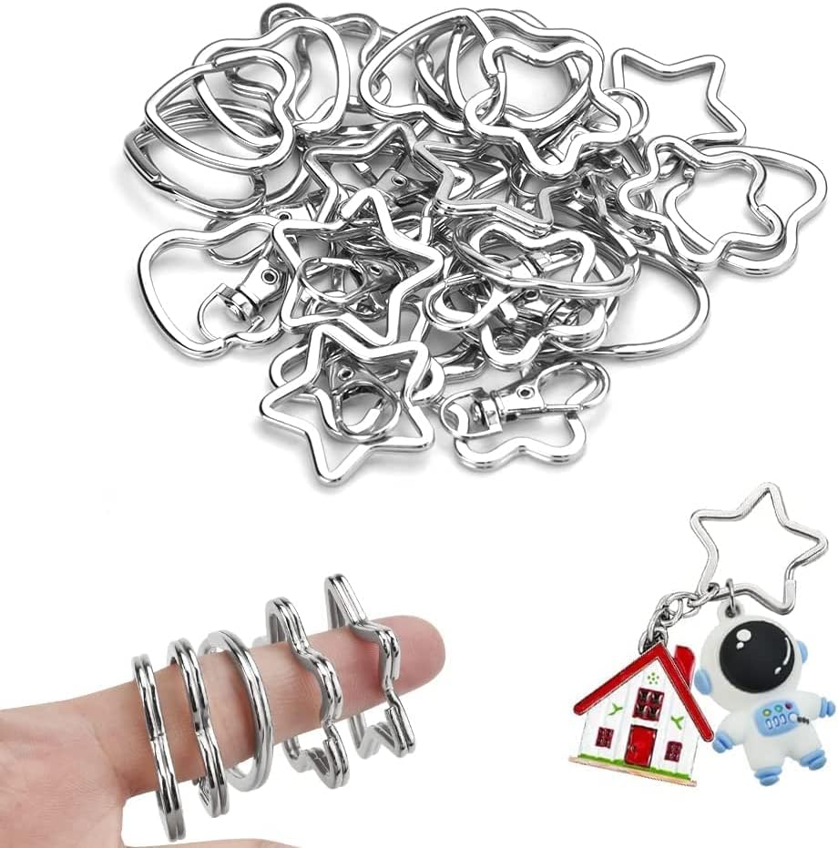 QUCUMER 30 Pcs Split Keyrings, Metal Flat Split Key Rings Round Keychain Rings Star Shaped Split Ring Heart Shaped Keyring With 10 Pcs Swivel Clasps for Craft Making(Oval, Apple, Flower, Star, Heart)